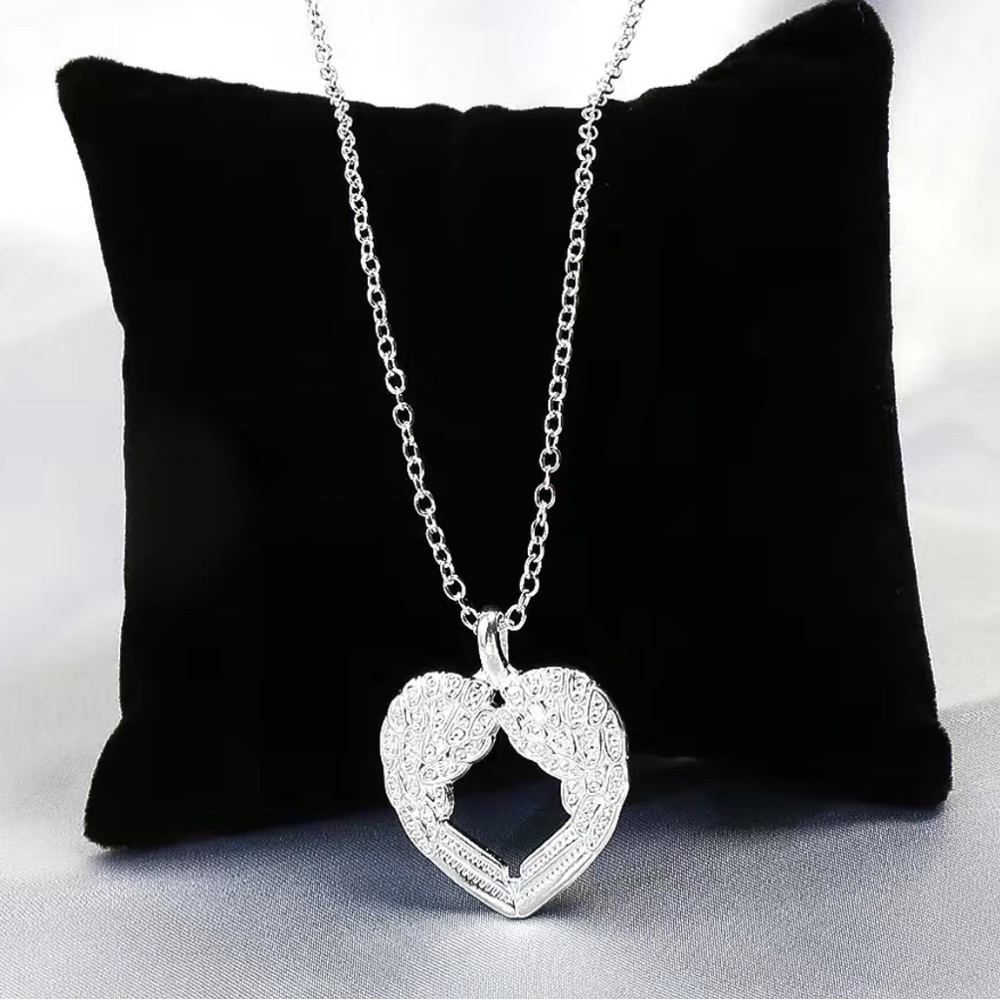 Silver Angel Wings Open Heart Necklace